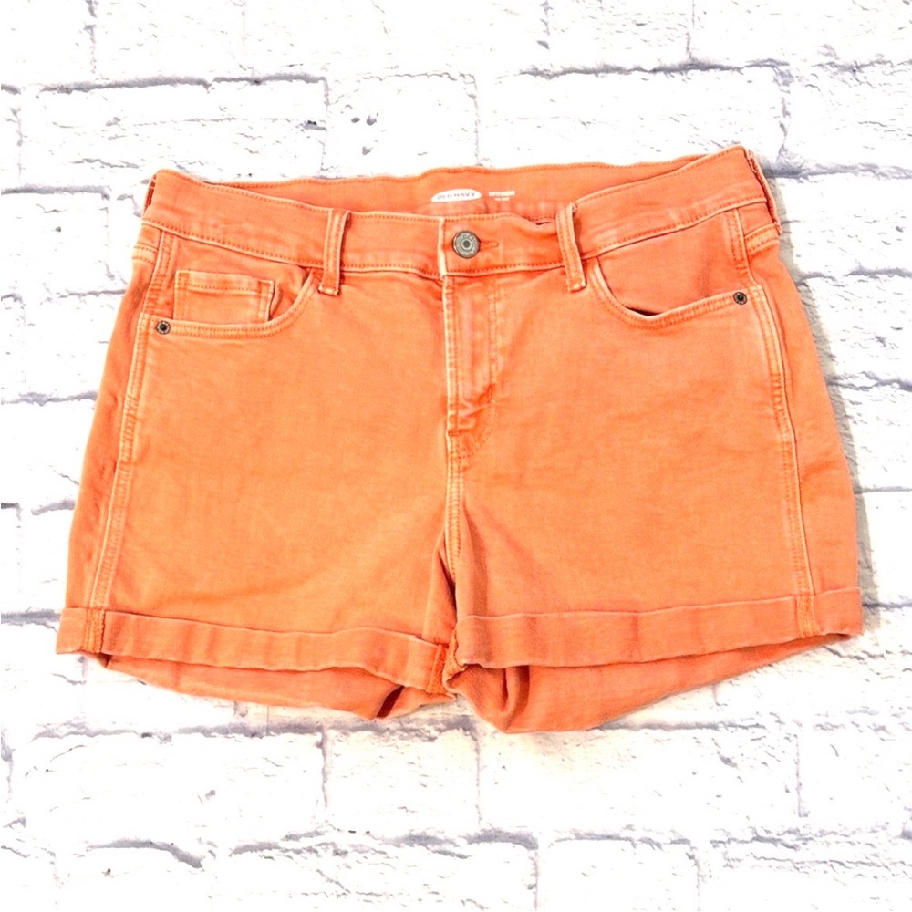 Old Navy Orange Denim Boyfriend Jean Shorts Mid Rise Cuffed Hems Size 8